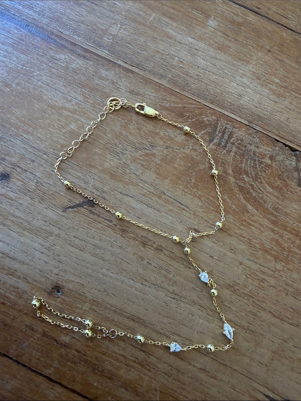 Delicate Gold Beaded Y-Style Bracelet with Clear Crystal Drops